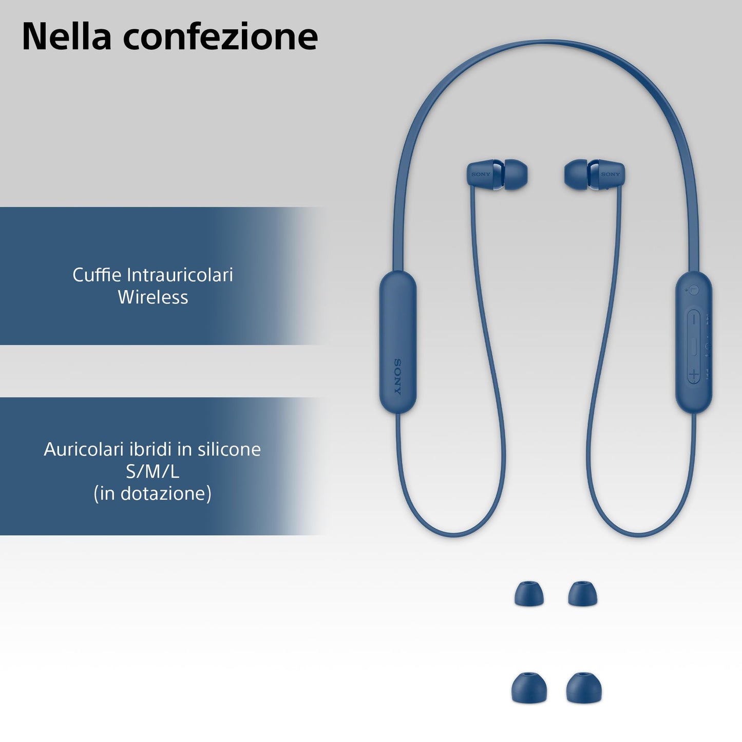 Sony wireless WI-C100 in-ear headphones (up to 25 hours of battery life, optimized for voice assistants, integrated microphone for phone calls, Bluetooth), blue, small - WIC100LCE7