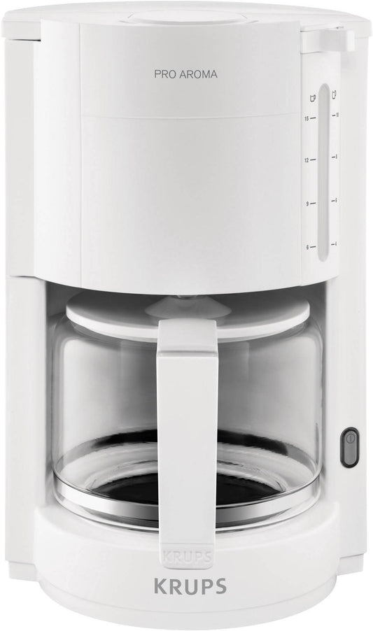 Aparat de cafea cu filtru Krups ProAroma, carafă din sticlă, funcție de menținere la cald, oprire automată, 10 căni, 1.050 W, alb, F30901