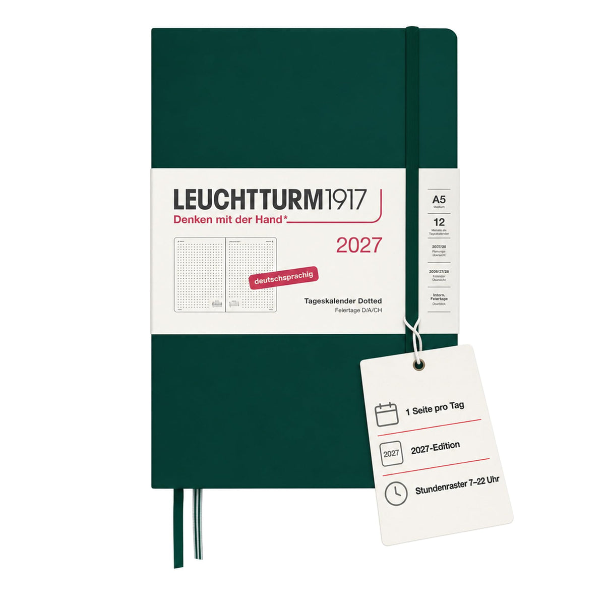 LEUCHTTURM1917 Daily Calendar 2027 Dotted Medium (A5) - German, Forest Green, 145 x 210 mm, January-December (12 months), 1 page per day, hourly grid 7:00-22:00, hardcover, 80 g/m² paper - 400169