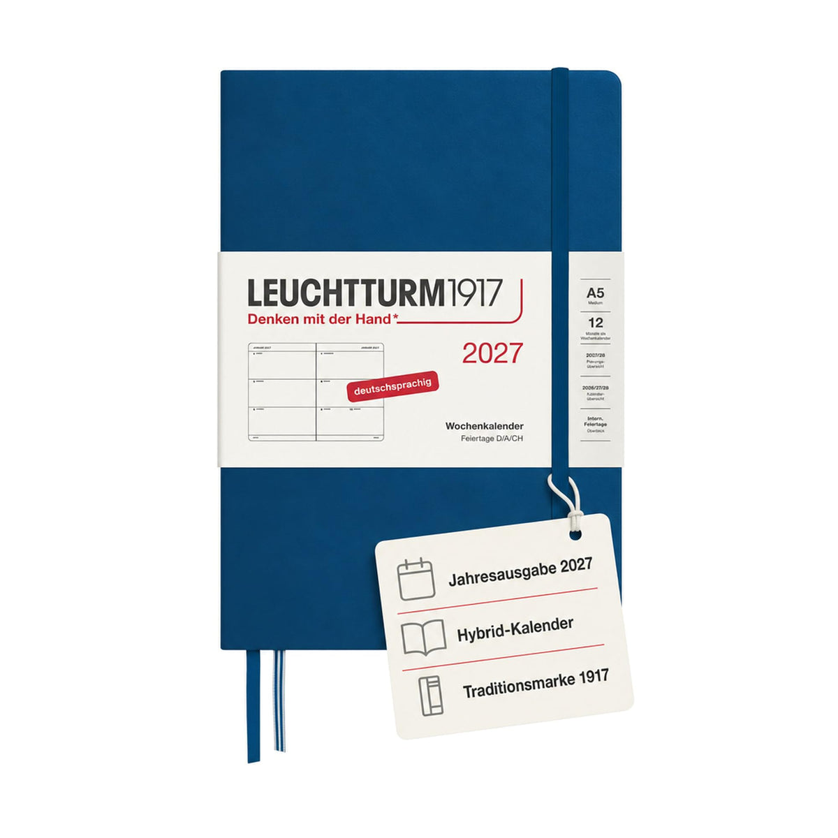 LEUCHTTURM1917 Calendar săptămânal 2027 Mediu (A5) - Germană, Indigo, Hardcover, 145 x 210 mm, 12 luni - ianuarie-decembrie 2027, 1 săptămână pe pagină dublă, hârtie de 80 g/m² cu compatibilitate ridicată cu cerneală - 400107