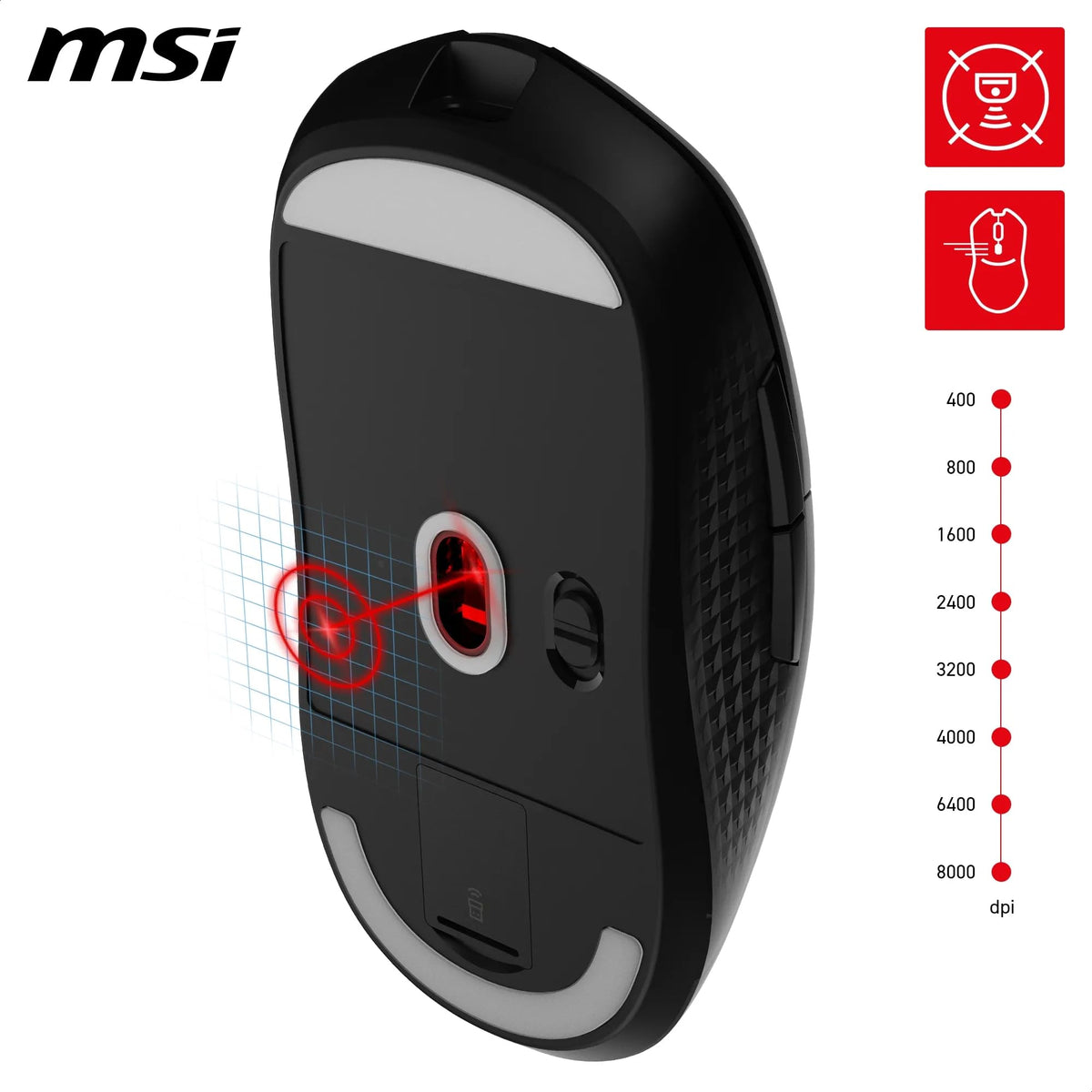 MSI Versa 300 Wireless Gaming Mouse – 8000 DPI optical sensor, 1000 Hz polling rate, symmetrical design, 30M+ clicks, 6 buttons, 50-hour battery life, 1 ms latency, 60 g – Wired/Wireless - S12-4301260-CLA