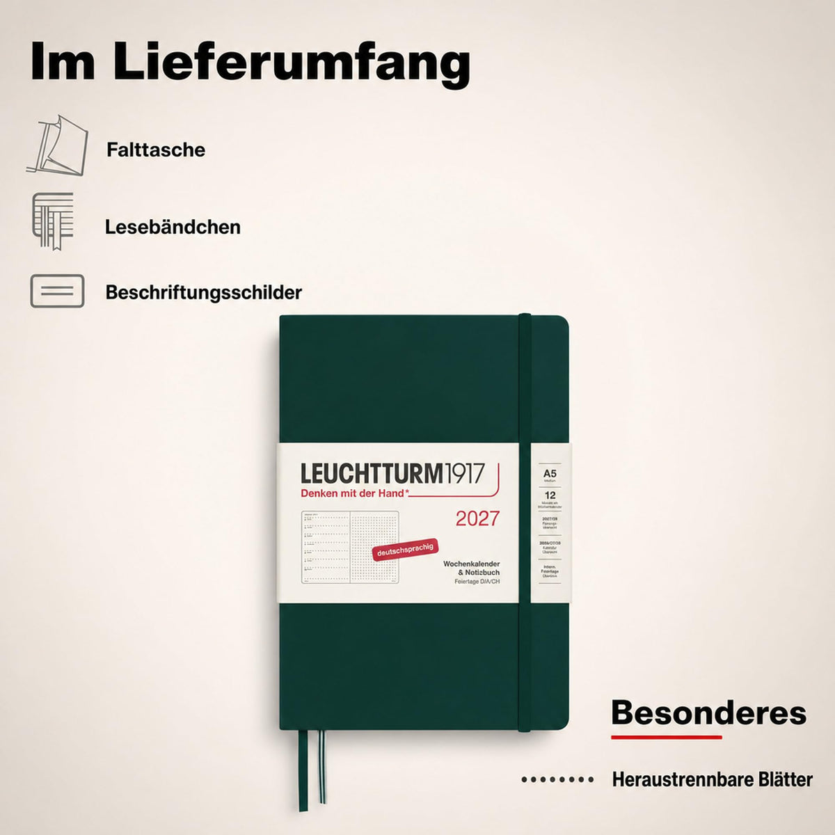 LEUCHTTURM1917 Calendar săptămânal 2027 punctat mediu (A5) cu caiet - Planificator de întâlniri german, verde pădure, ianuarie-decembrie 2027, prezentare generală săptămânală în stânga + pagină cu note în dreapta - 400095
