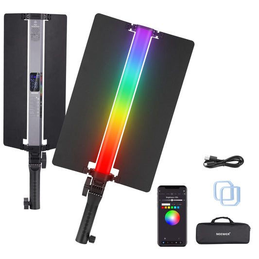 NEEWER RGB2 LED video light light stick with metal barn door handle touch bar/APP/2.4G control rechargeable magnetic RGB video light, 2500K-10000K CRI98+ dimmable photo lighting 18 scenes