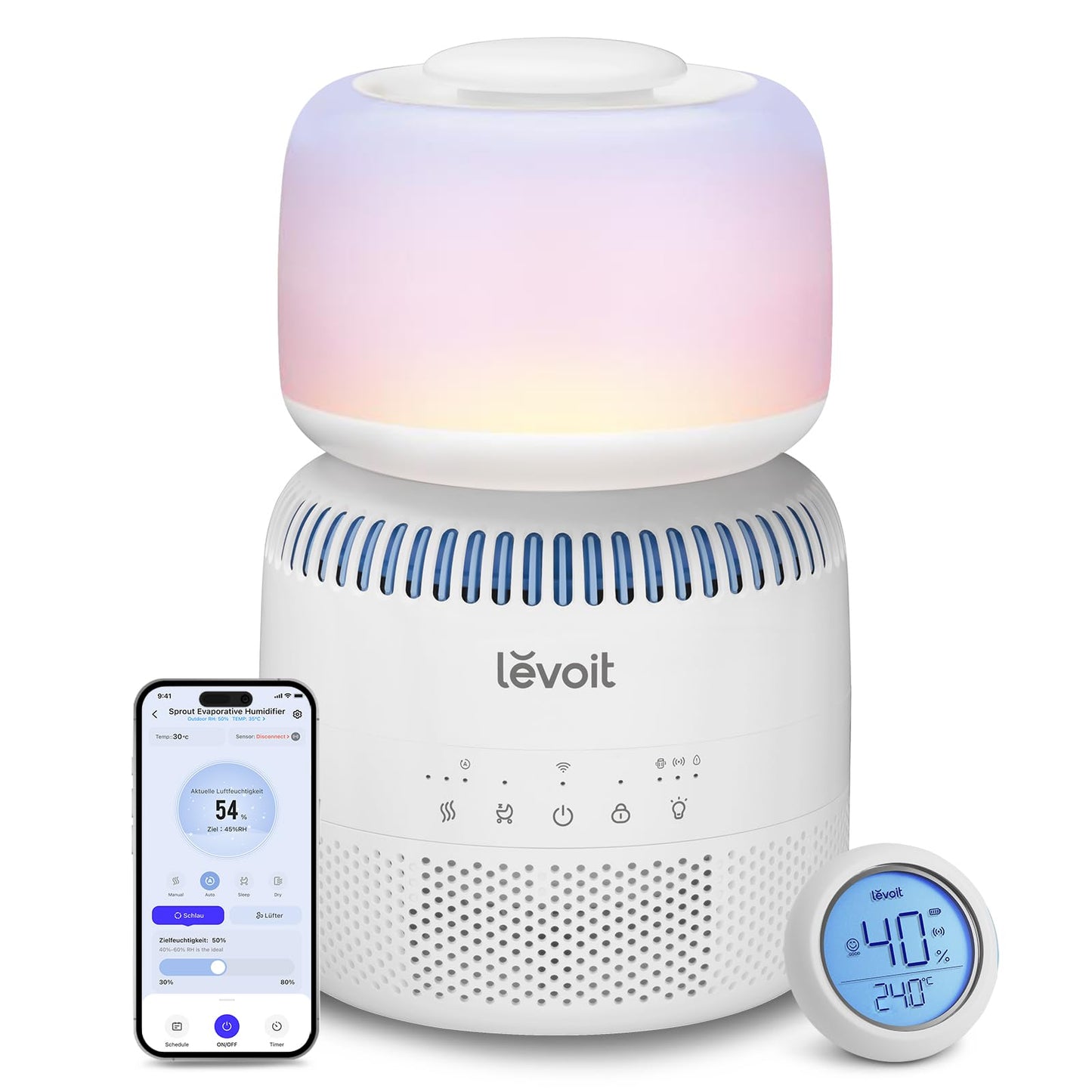 Levoit Top-Fill Humidifier, Smart Evaporative Humidifier for Baby, Separate Sensor, Humidifier with Blue Light-Free Night Light for Bedroom, Children's Room Auto Shut-off, 3.8L, Matt White - LEH-B381S-WEU