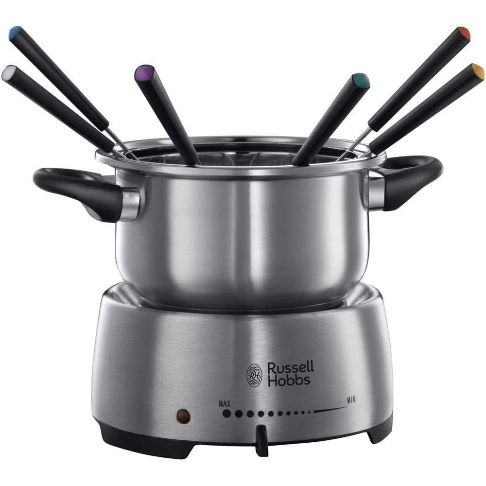 Set electric de fondue Russell Hobbs [fondue de brânză, fondue de ciocolată sau fondue de ulei/supă] Fiesta (inclusiv 6 furculițe colorate, o oală din oțel inoxidabil de 1,2l, rezistentă la mașina de spălat vase și cu strat antiaderent, 1200W) 22560-56