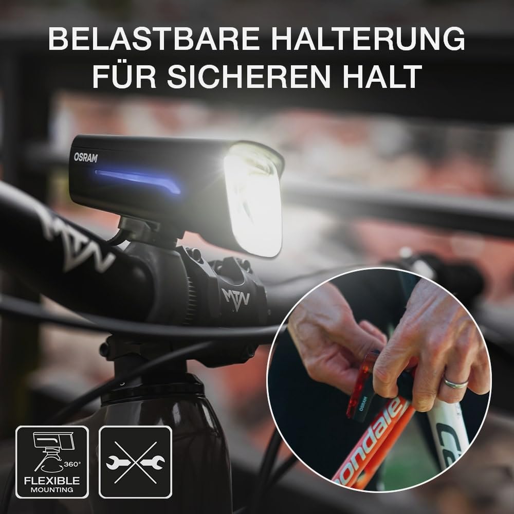 OSRAM LEDsBIKE Race 100 Set, rechargeable bicycle light set, StVZO-approved front and rear LED light set with brake light, multiple lighting modes, THREE brightness levels, 100 lux - LEDBL103