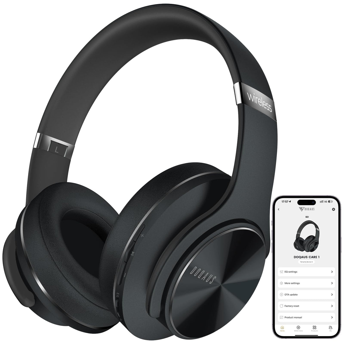 DOQAUS Wireless Bluetooth Headphones with App Control, Black - Care