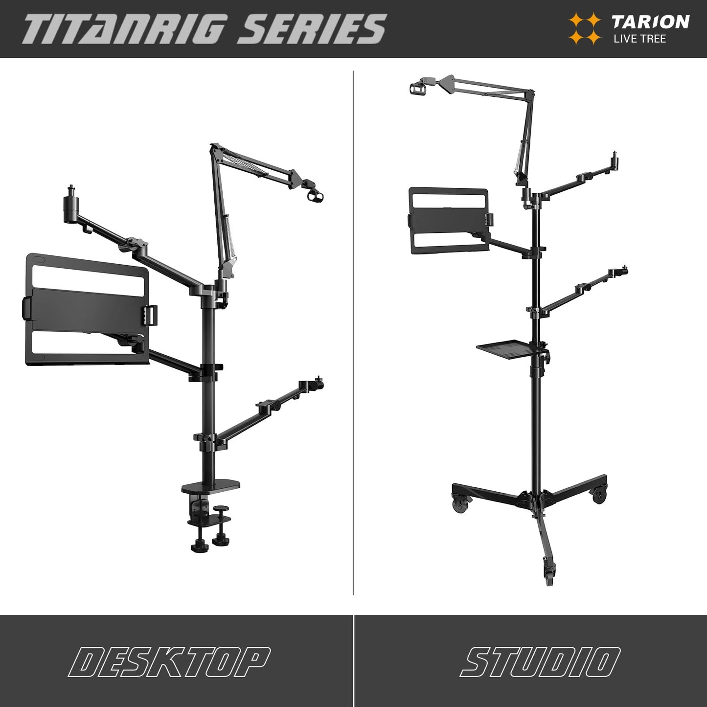 TARION table tripod camera overhead tripod: camera table mount clamp tripod flexible table mount with 4 articulated arms for ring light monitor microphone photography video live streaming titan rig (table set) - TitanRig-Desk
