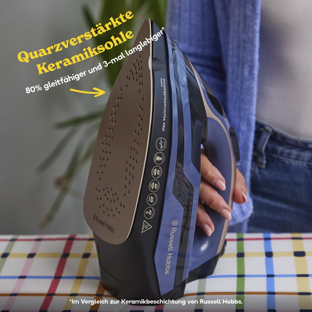 Russell Hobbs steam iron [3100W, 210g extra steam boost] Powersteam Ultra Pro (ceramic quartz sole, self-cleaning, spray function, anti-limescale & drip stop, 70g/min variable steam) iron 28630-56
