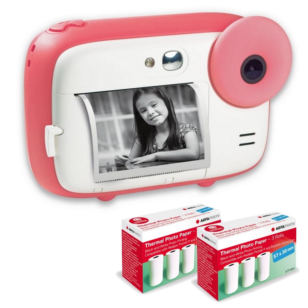 AGFA Photo Realikids Instant Cam + 6 rolls of thermal paper, ATP3WH – Instant camera for kids, 2.4-inch LCD display, lithium battery, selfie mirror, and photo filters – Pink - BARKICPK2