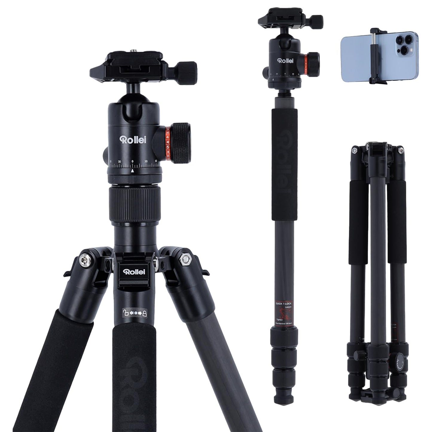 Rollei C5i tripod camera black, 158cm travel tripod Lightweight made of carbon Photo tripod with ball head & tripod bag Can be used as a macro tripod & monopod Compact tripod for DSLR & smartphone - 22610