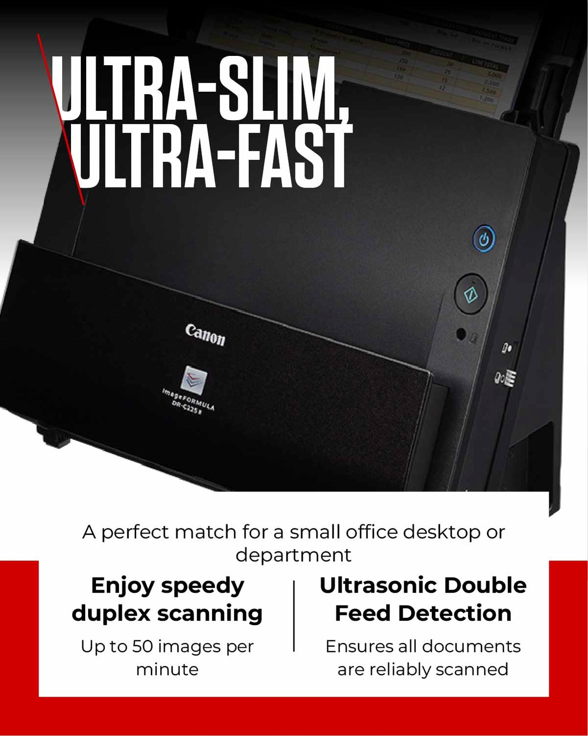 Canon DR-C225 II - imageFORMULA Document Scanner (Duplex, Feed, Color, 600dpi, 25 Pages/Min, PDF OCR, Compact, Black) - 3258C003