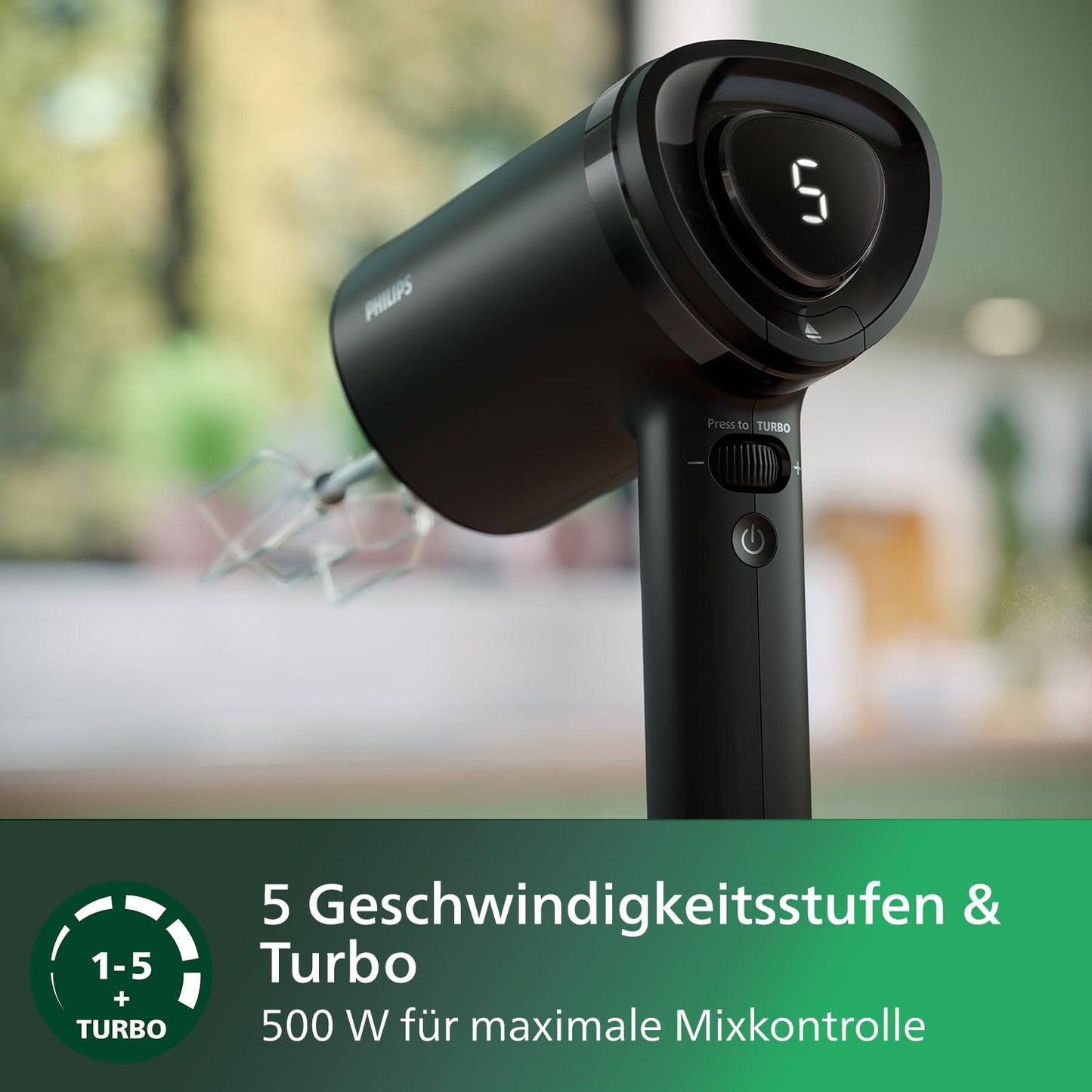 Philips Hand Mixer 5000 Series, 3-in-1 Hand Mixer, Powerful Motor (500W), Smart Storage Cup, 5 Speed Settings, Anti-Splash Protection, Black (HR3781/20)