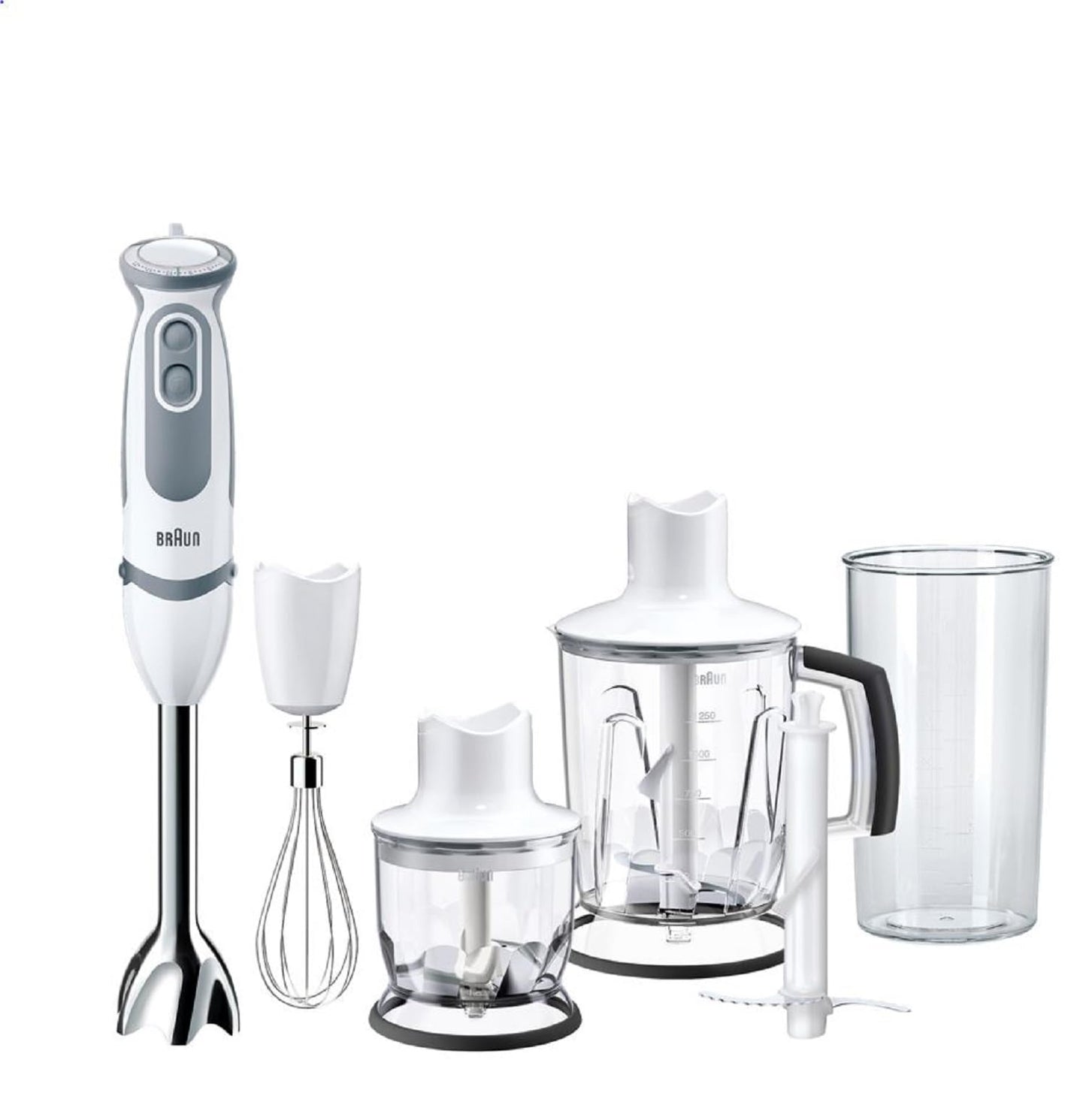 Braun hand blender MQ 5245WH hand blender - MultiQuick 5 Vario hand blender with stainless steel mixing foot, 1000 watts, including 4-piece accessory set, white/gray