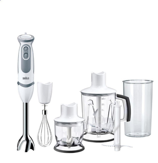 Mixer vertical Braun MQ 5245WH - MultiQuick 5 Vario cu picior de amestecare din oțel inoxidabil, 1000 W, inclusiv set de accesorii din 4 piese, alb/gri