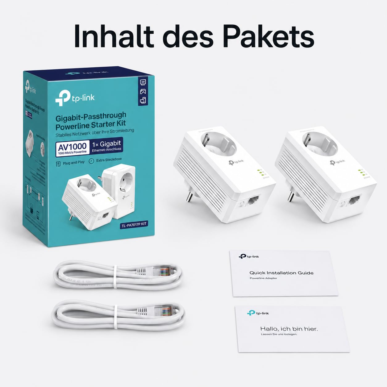 TP-Link Powerline Adapter Set TL-PA7017P KIT (1000Mbit/s, with socket, Gigabit port, Plug&Play, compatible with all HomePlug AV/AV2 powerline adapters, ideal for media streaming)