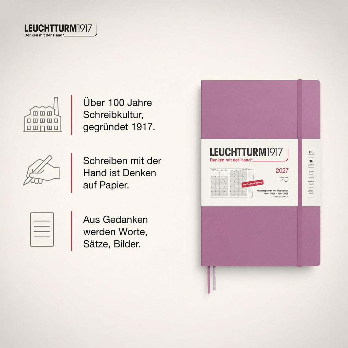 LEUCHTTURM1917 planificator lunar cu caiet 2027 Compoziție (B5) - Germană, Dusty Rose, copertă moale, 178 x 254 mm, 16 luni (01.11.2026-28.02.2028), 132 pagini de note punctate cu cuprins - 400171