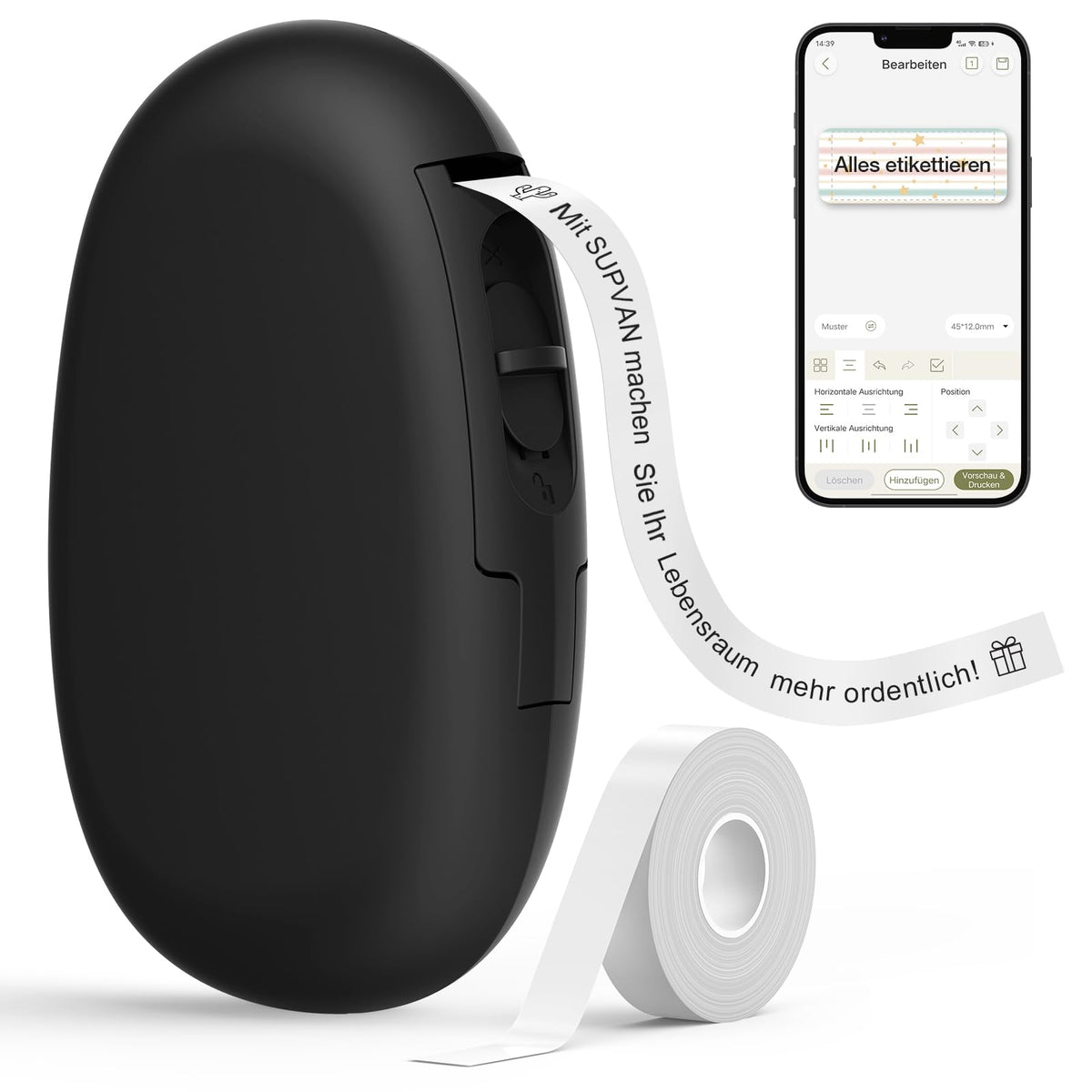 SUPVAN E10 Imprimantă de etichete cu Bluetooth și etichete continue, Negru