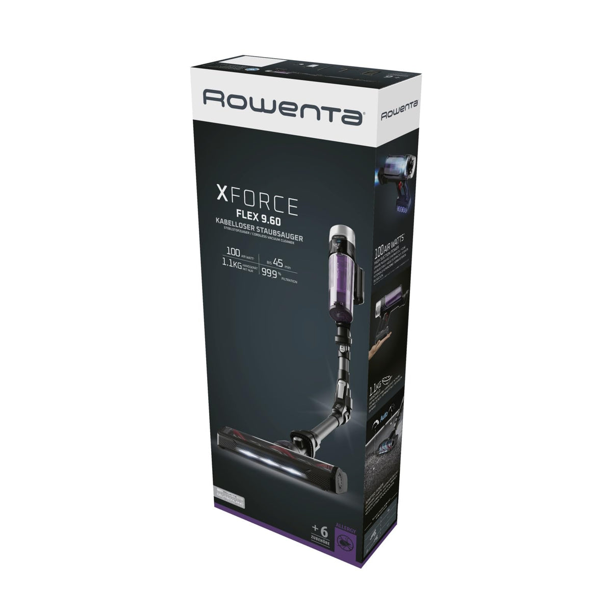 Rowenta X-Force Flex 9.60 Allergy cordless stick vacuum cleaner, 100 Air Watt, removable battery, up to 45 minutes of runtime, compact, flex joint, LED nozzle, purple-black, RH2038