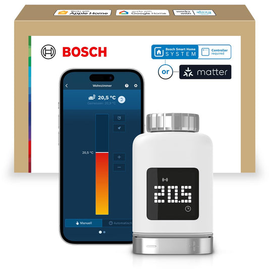 Bosch Smart Home Radiator Thermostat II [+M], a smart radiator thermostat for intelligent heating & energy saving, featuring Matter, app control, Apple Home, Google Home & Alexa, controller required. - 8750002861