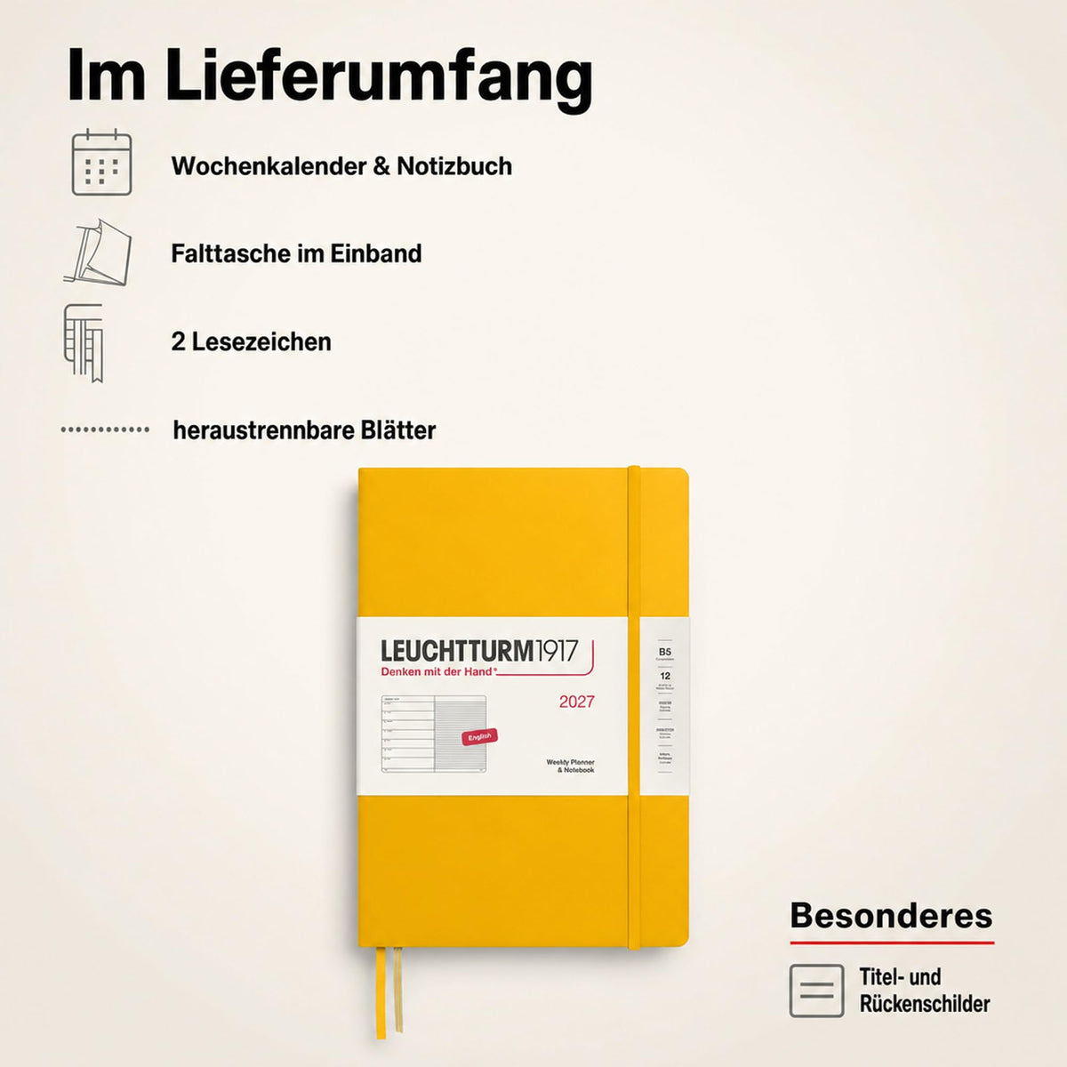 LEUCHTTURM1917 calendar săptămânal 2027 Compoziție (B5) cu caiet, cu linii - planificator de întâlniri engleză, floarea soarelui, copertă cartonată, 178 x 254 mm, ianuarie-decembrie 2027, prezentare săptămânală în stânga + pagina de note în dreapta -