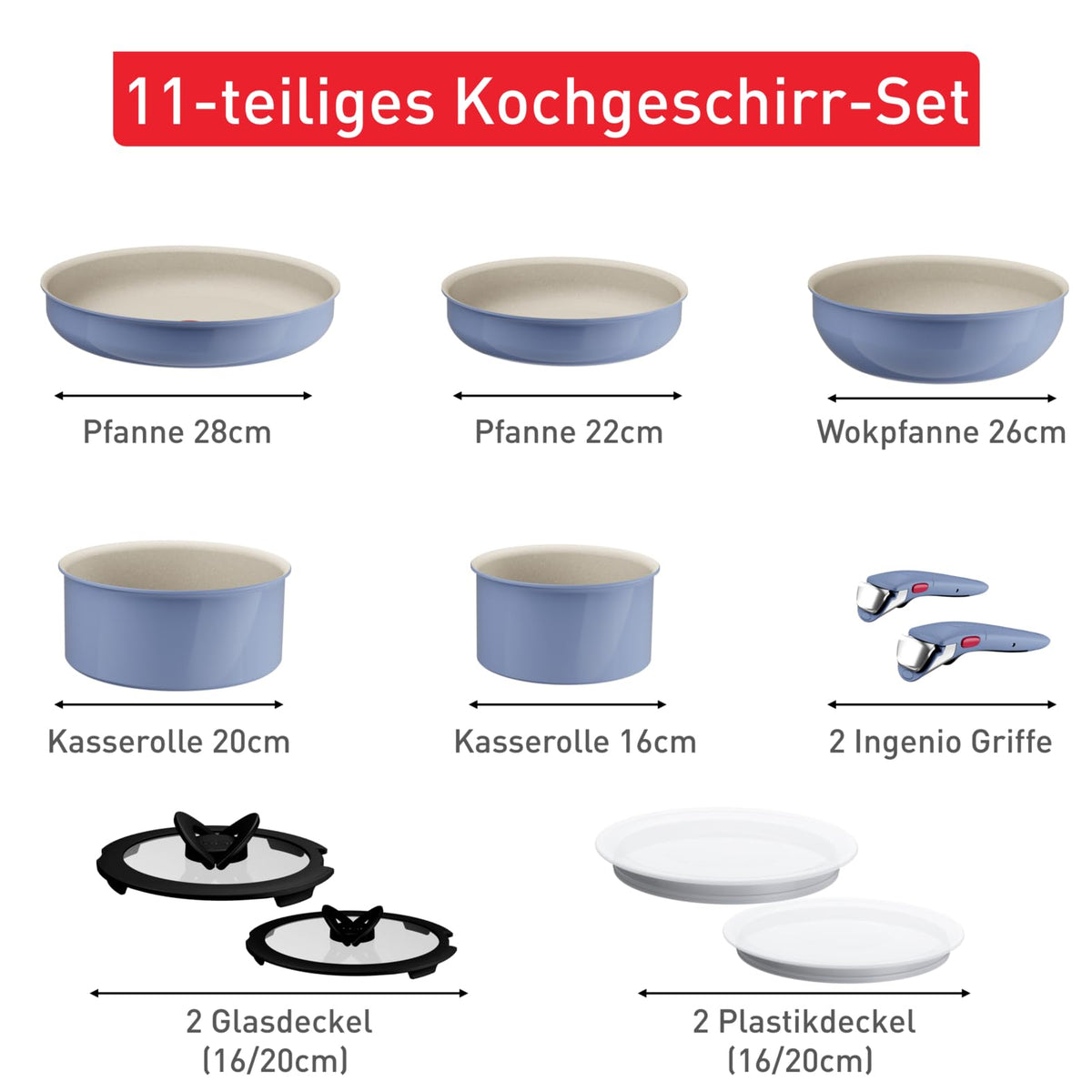 Tefal Ingenio Serenity Cookware Set 11-piece – stackable and space-saving set made of aluminum, Mineralia non-stick coating, removable handle, suitable for all types of cooktops including induction, Blue Salt. - L829SB04