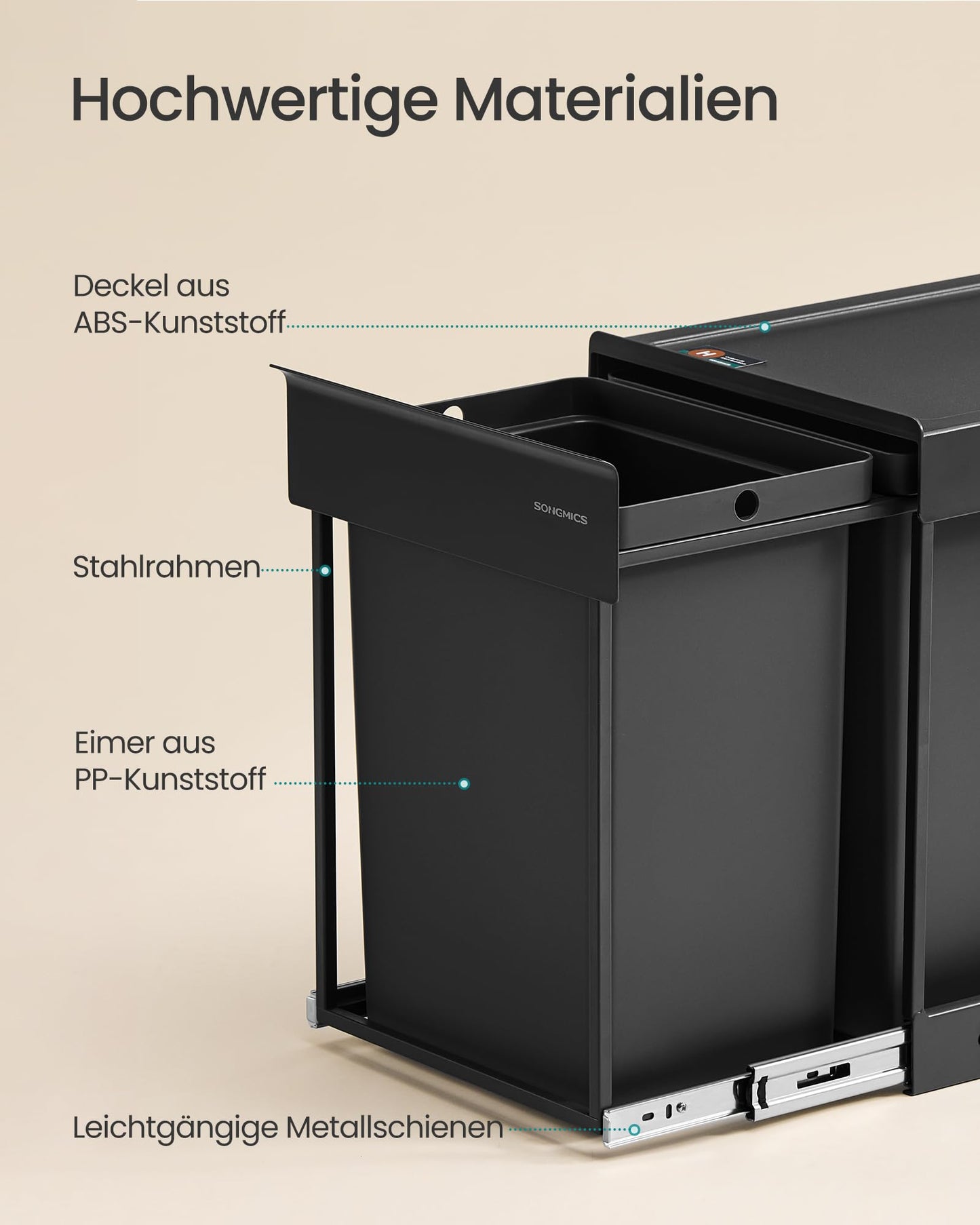 SONGMICS Kitchen Trash Can for Base Cabinet, 1 x 20 L, Extendable Trash Can, Steel Frame, ABS Lid, Ink Black LTB920BZ01