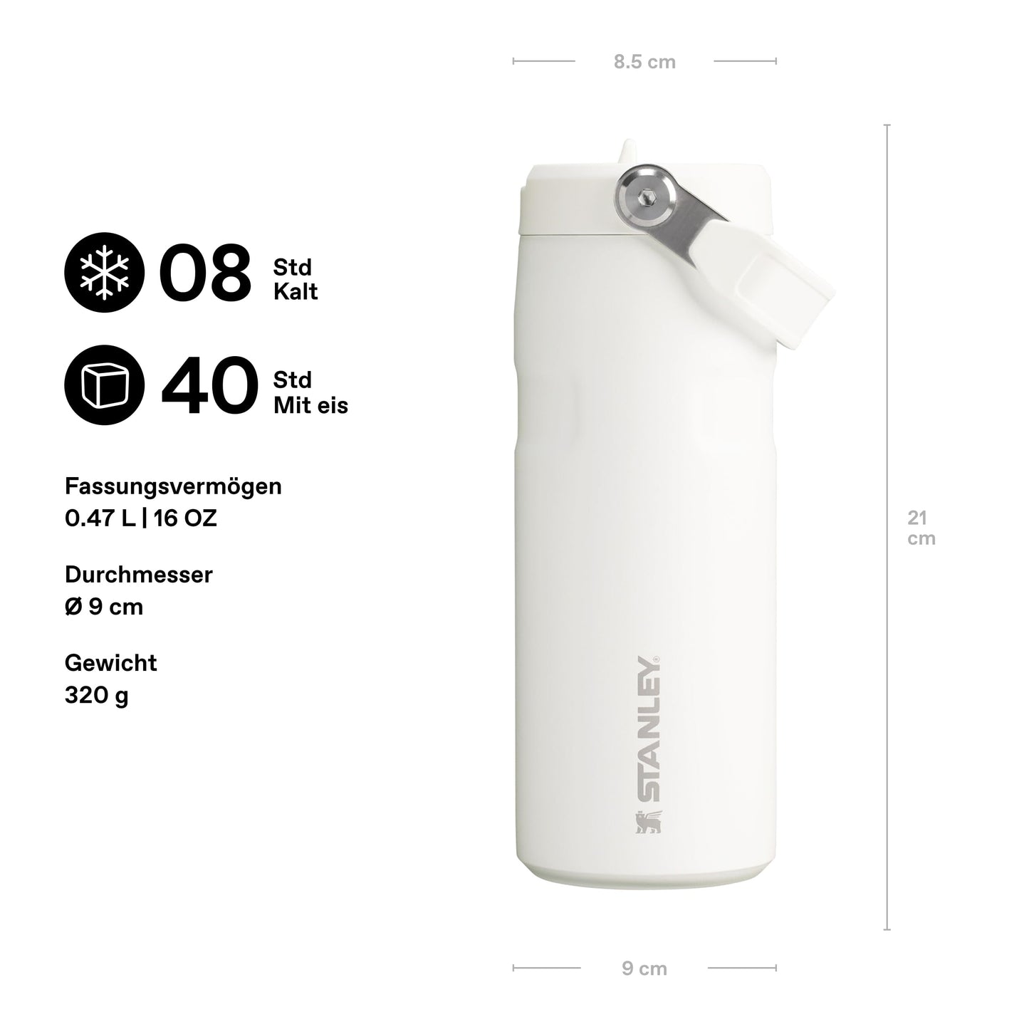 Stanley 1913 Flip Straw drinking bottle with straw 0.47L - Thermo mug Cools for 8 hours - Ice cold for 40 hours - BPA-free - Leak-proof - For cup holders - Dishwasher safe - Frost - 100000112669