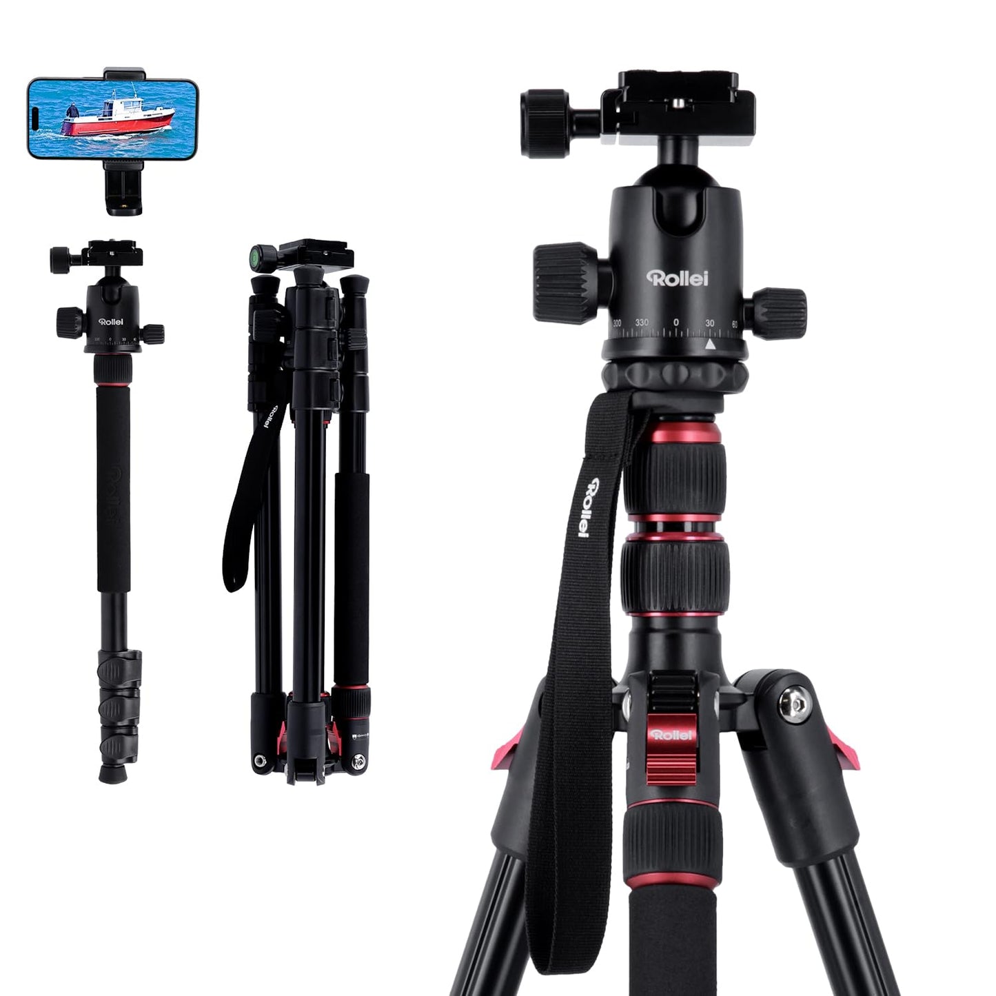 Rollei Compact Traveler No. 2 tripod black, 180cm tripod camera 360° ball head compact aluminum travel tripod with monopod function tripod for DSLR camera photo tripod with mobile phone holder - 23150
