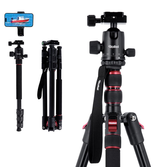 Rollei Compact Traveler No. 2 tripod black, 180cm tripod camera 360° ball head compact aluminum travel tripod with monopod function tripod for DSLR camera photo tripod with mobile phone holder - 23150