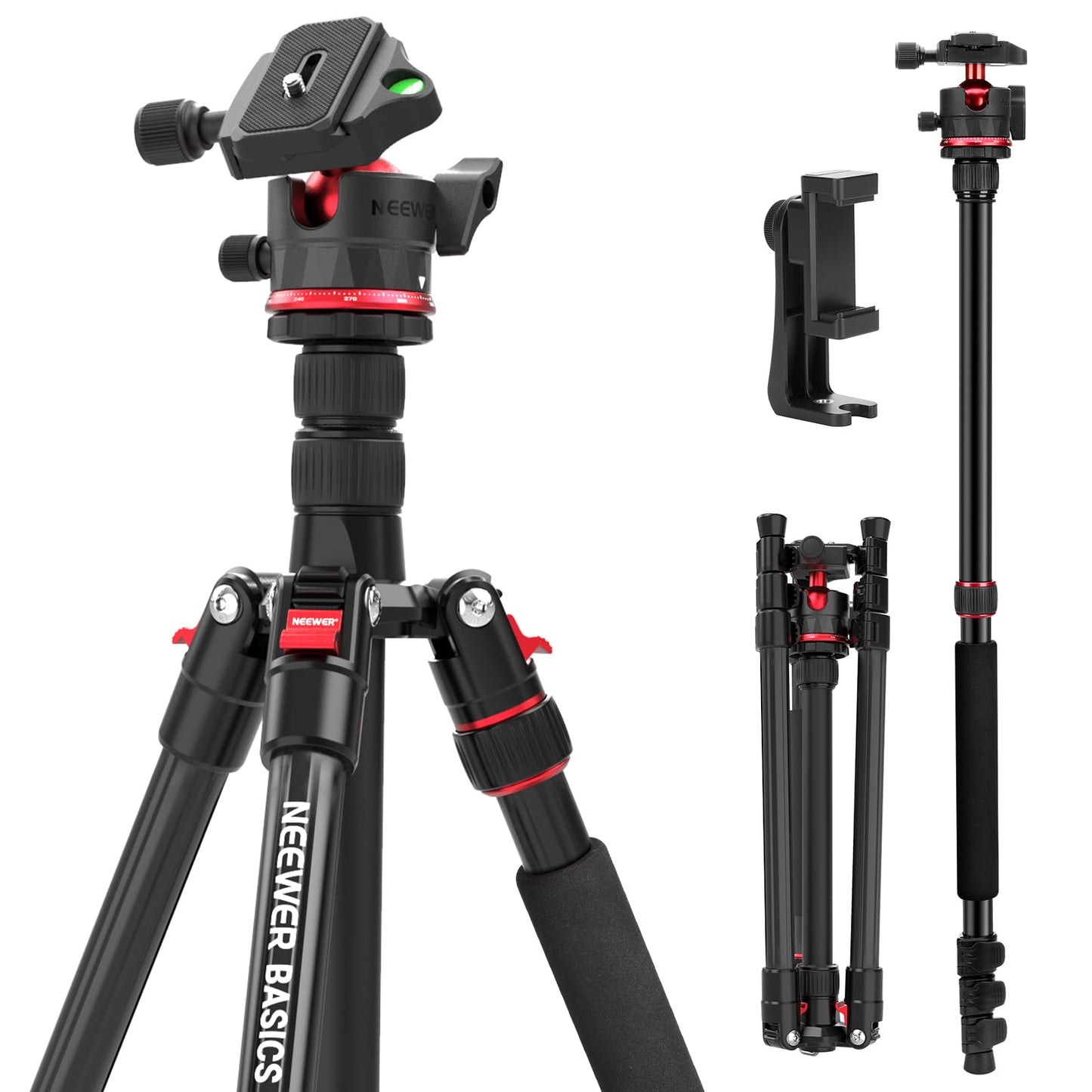 NEEWER Basics 72" / 182cm Travel Tripod Monopod Compact Lightweight Portable Camera Tripod Stand for Shooting, Arca Type Ball Head, Mobile Phone Holder Compatible with iPhone, Max. Load 8kg, TP14B