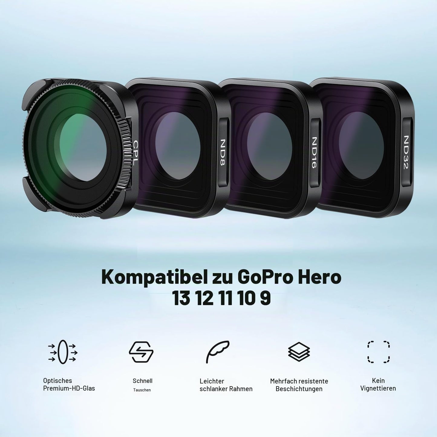 NEEWER ND filter set compatible with GoPro Hero 13 12 11 10 9, pack of 4 (ND8 ND16 ND32 CPL) multi-coated HD neutral density and polarization filter set for action cameras - 10101987