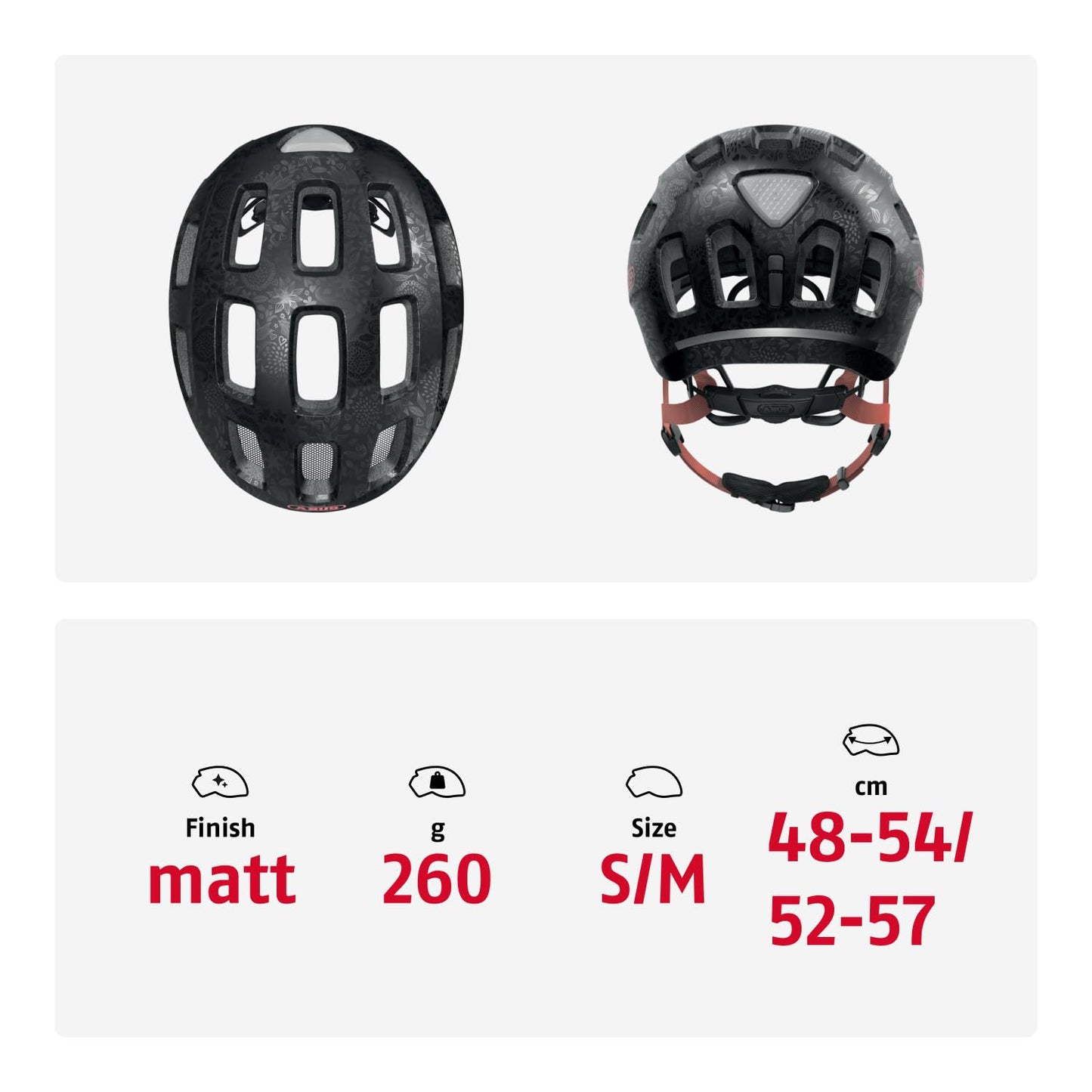 ABUS Youn-I 2.0 bicycle helmet - with light for children, teenagers and young adults - for girls and boys - black with floral pattern, size S - 67045