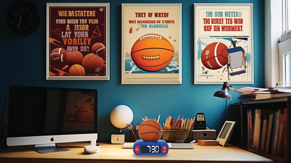 Lexibook, Basketball, Basketball Night Light Alarm Clock, Sounds and Melodies, LCD Screen with Backlight, Illuminated, Snooze, Blue/Orange, RL800BA