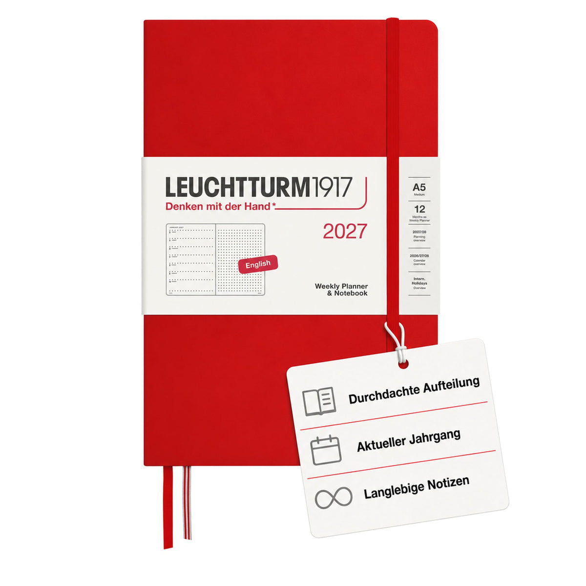 LEUCHTTURM1917 calendar săptămânal 2027 punctat mediu (A5) cu caiet, punctat - planificator de întâlniri engleză, cireș, cartonat, 145 x 210 mm, ianuarie-decembrie 2027, prezentare săptămânală în stânga + pagina de note în dreapta - 400259