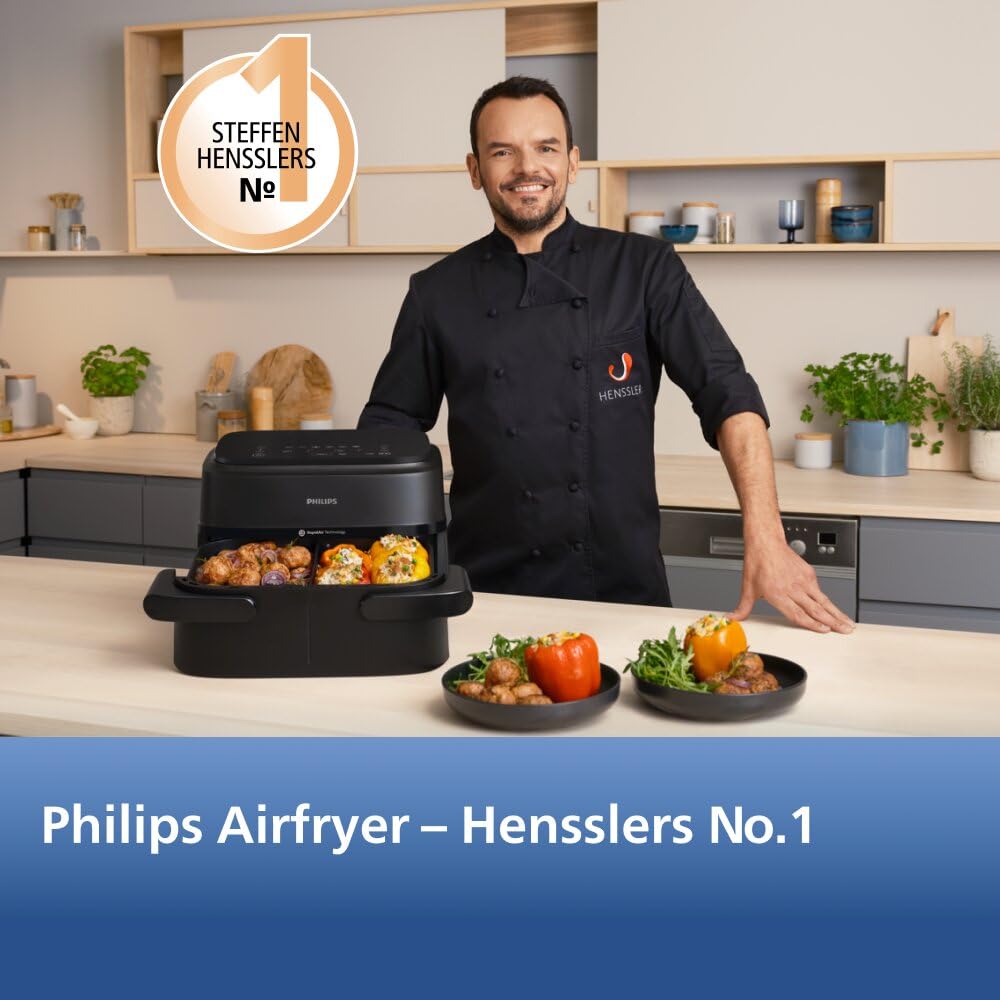 Philips Airfryer 1000 Series Flexible Basket - Hot air fryer with 7.1 L capacity, RapidAir technology, 10 cooking functions, 90% less fat, compact design, HomeID recipe app (NA154/00)