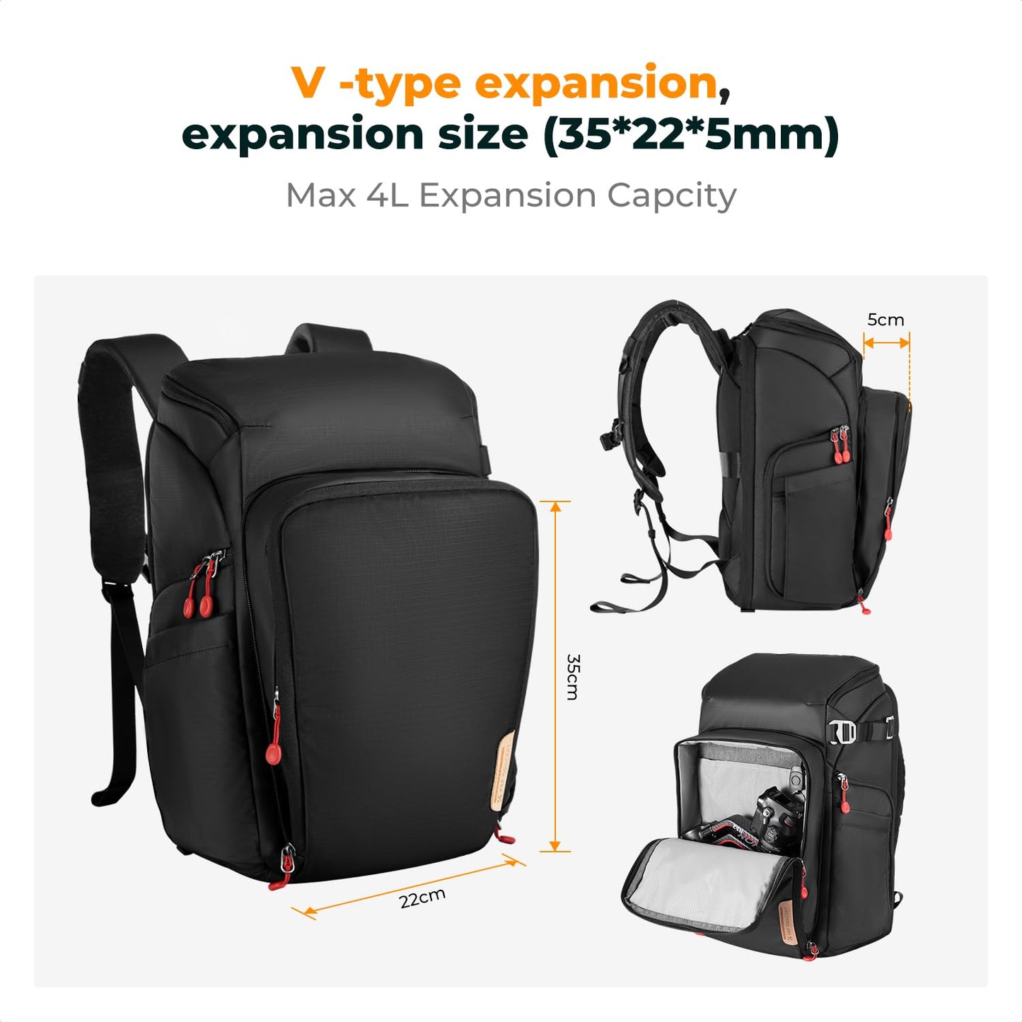 K&F CONCEPT Camera Backpack, Photo Backpack for Photographers, Camera Backpack with 15.6 Inch Laptop Compartment, Compatible with Canon/Nikon/Sony/DJI Mavic Drone (Alpha Backpack 25L) - KF13.128V6