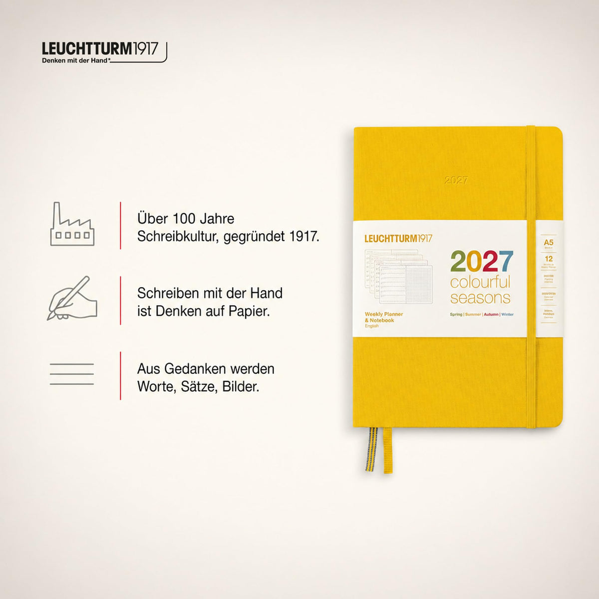 LEUCHTTURM1917 Weekly Calendar & Notebook Dotted Medium (A5) 2027, Colorful SeasonsYellow, English, Hardcover, Calendar Overview 2026/2027/2028, Planning Overview 01.27-12.28, Project Planner, Folding Pocket - 400369