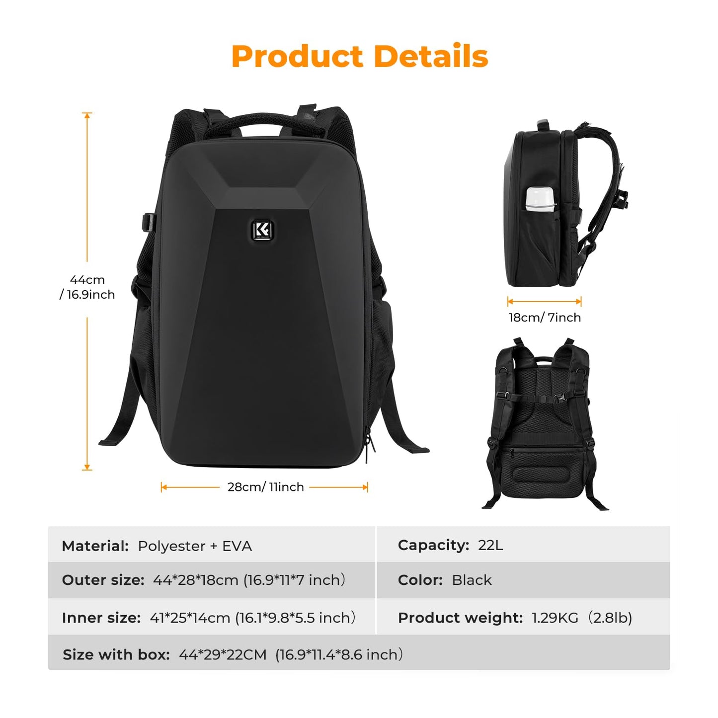 K&F CONCEPT camera backpack photo backpack with hard shell camera bag with 15.6 inch laptop compartment and rain cover, backpack for drones - KF13.134