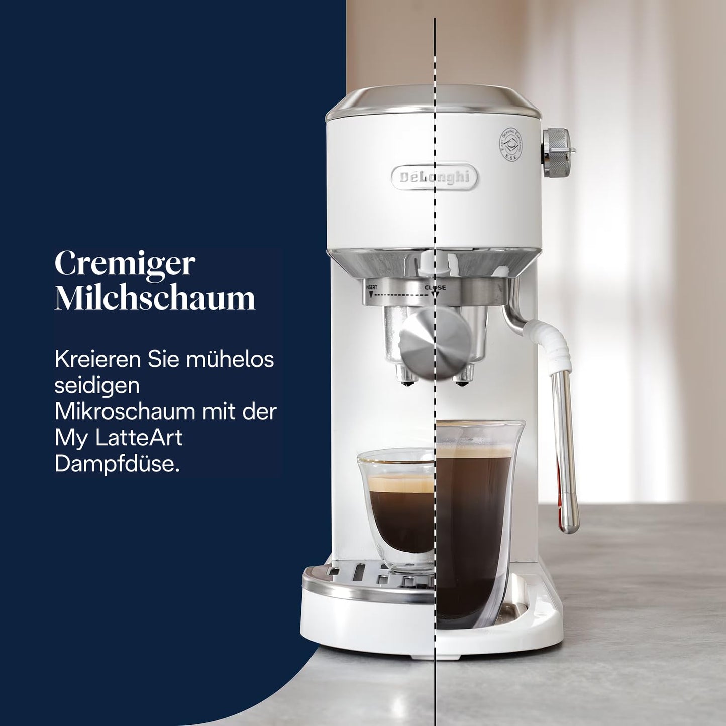 De'Longhi Dedica Duo - Perfetto compact portafilter machine espresso machine with soft-touch icons, manual milk frother for espresso, cappuccino and cold brew, 15cm wide, white (EC890.WI)