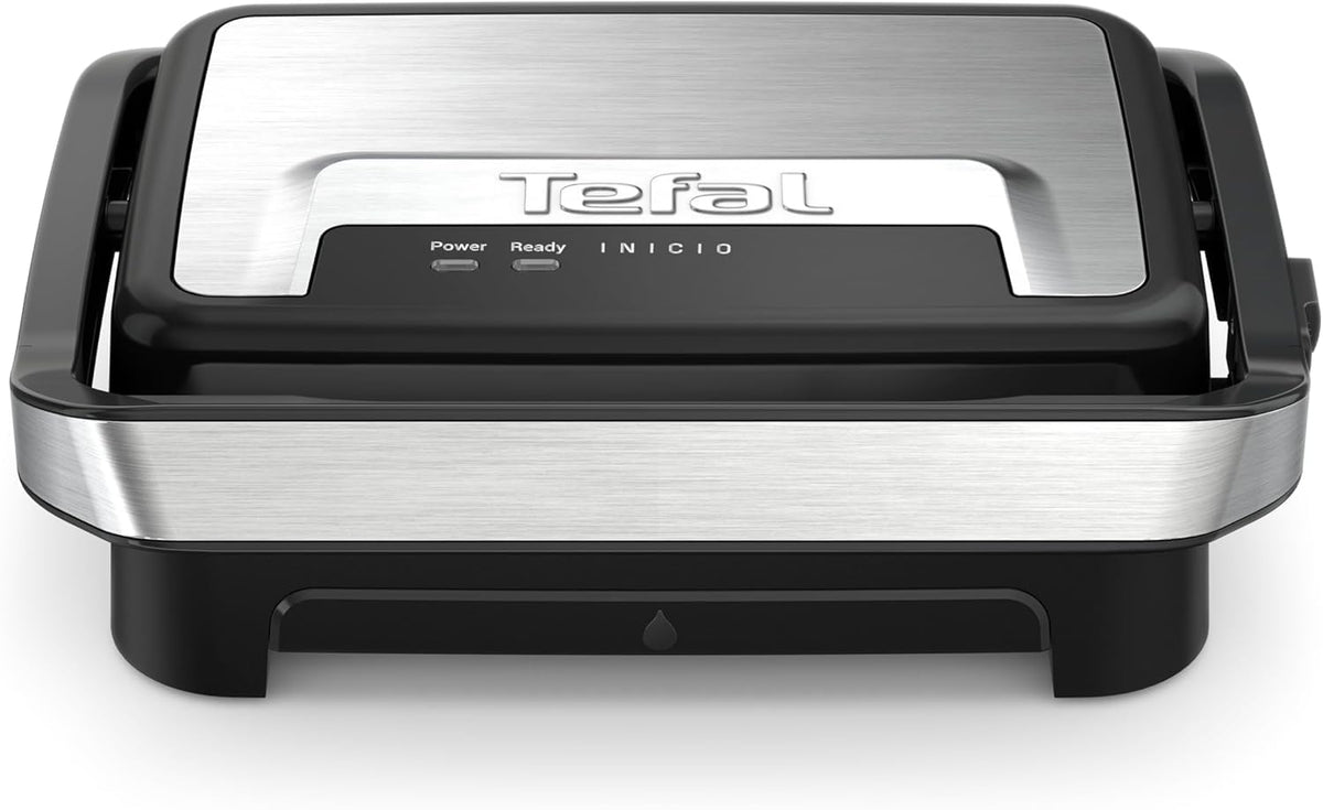 Tefal Inicio Compact 2-in-1 Contact and Panini Grill, 1000 W, compact design, stainless steel housing, juice collecting tray, non-stick grill plates, stainless steel/black, GC270D10