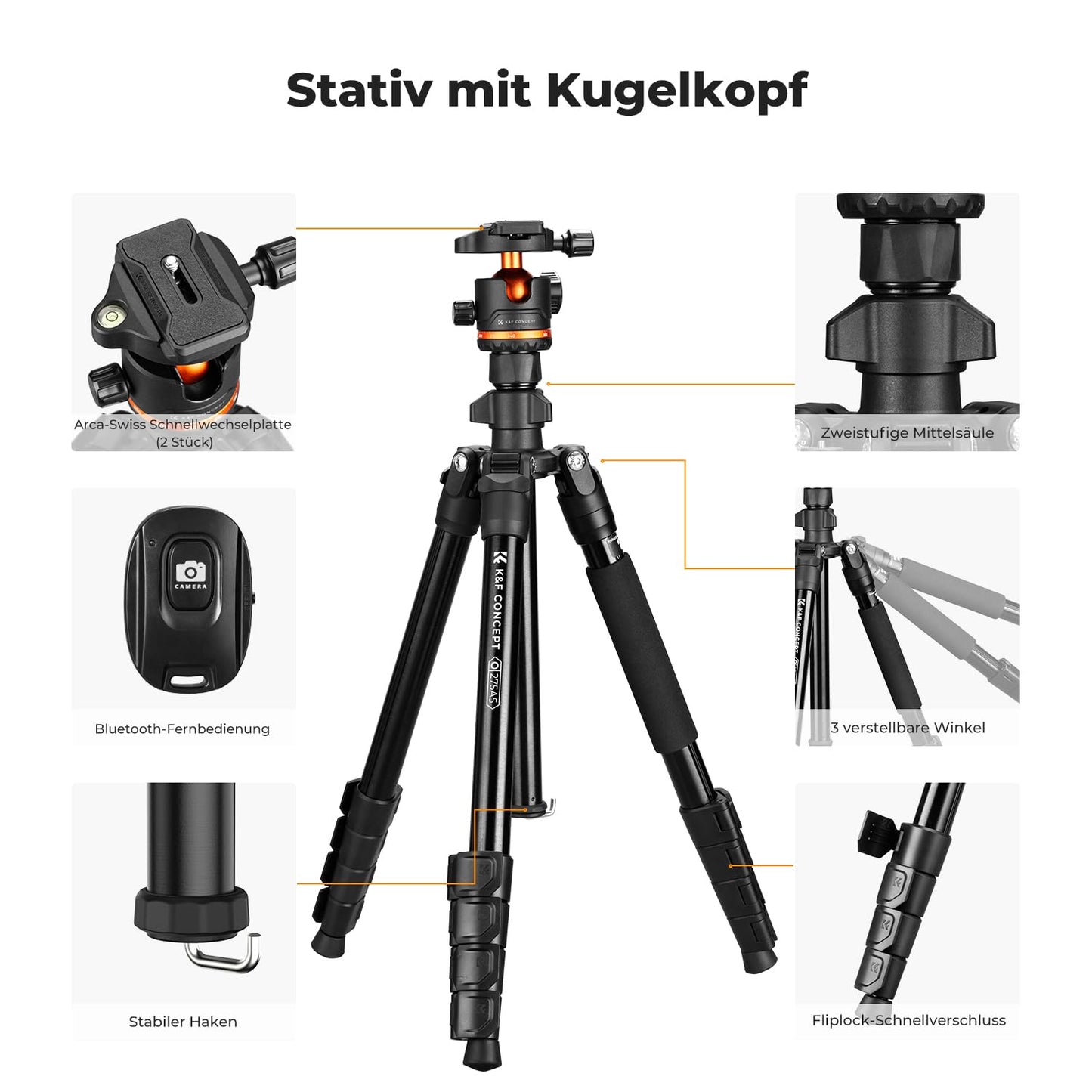 K&F CONCEPT camera tripod, black-orange, 192cm - O275A5+BH-36