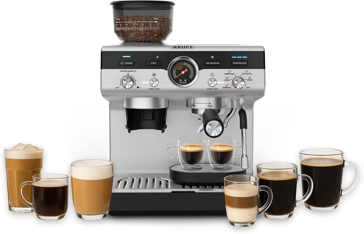 Krups Precision manual espresso machine with grinder, Barista coffee machine with intuitive control panel, pre-infusion settings, espresso machine with steam wand, quick heating, XP801T10