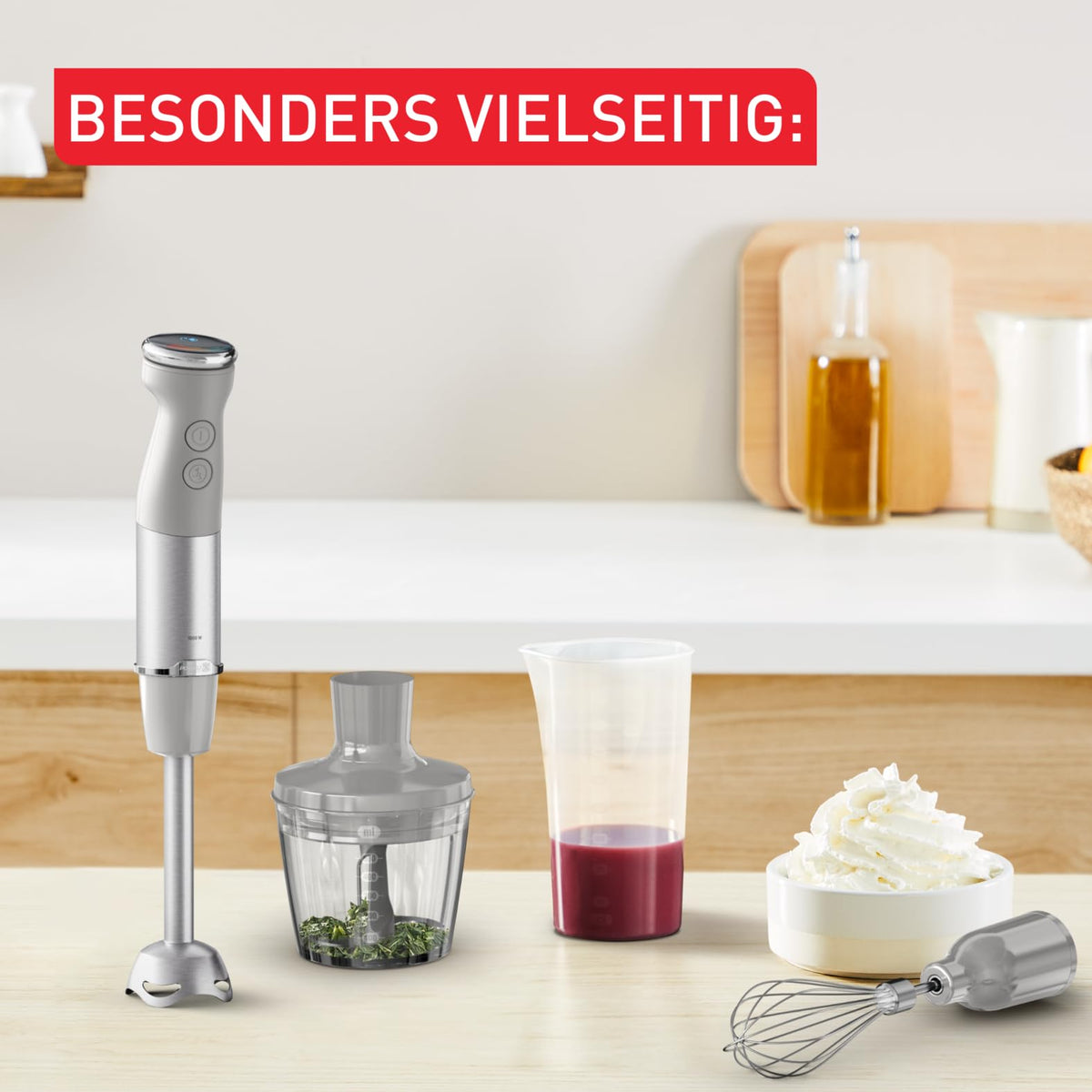 Tefal Quickchef+ Stabmixer, tehnologie Powelix-Klingentechnologie, 20 trepte de viteză, mod turbo, design compact, accesoriu pentru batere, recipient de dozare de 800 ml, mod silențios, mâner Softgrip, HB673B30
