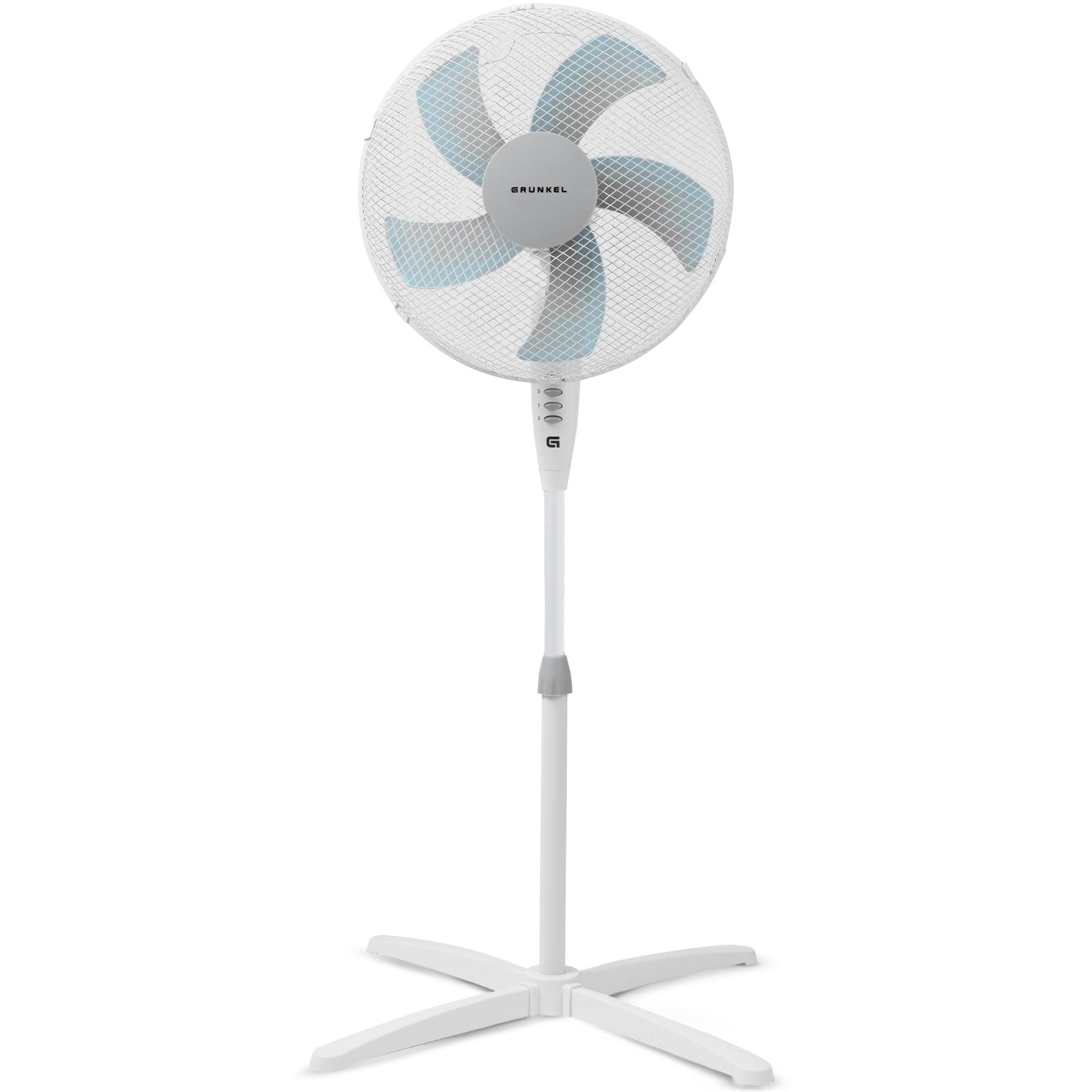 Grunkel - Ventilator cu picior de 16" cu 3 viteze și reglare pe înălțime - FAN-G165X - bază cu 62 cm diametru și 3 pale semitransparente - 50 W - alb - FAN-165XNG