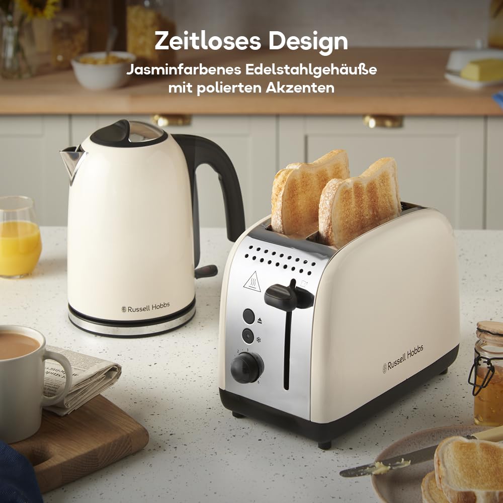 Russell Hobbs Toaster [for 2 slices] Colours Plus Jasmine (6 browning levels, wide toast slot, quick toast, lift function, bun warmer, defrost, reheat & stop function, 1100W) 26930-56