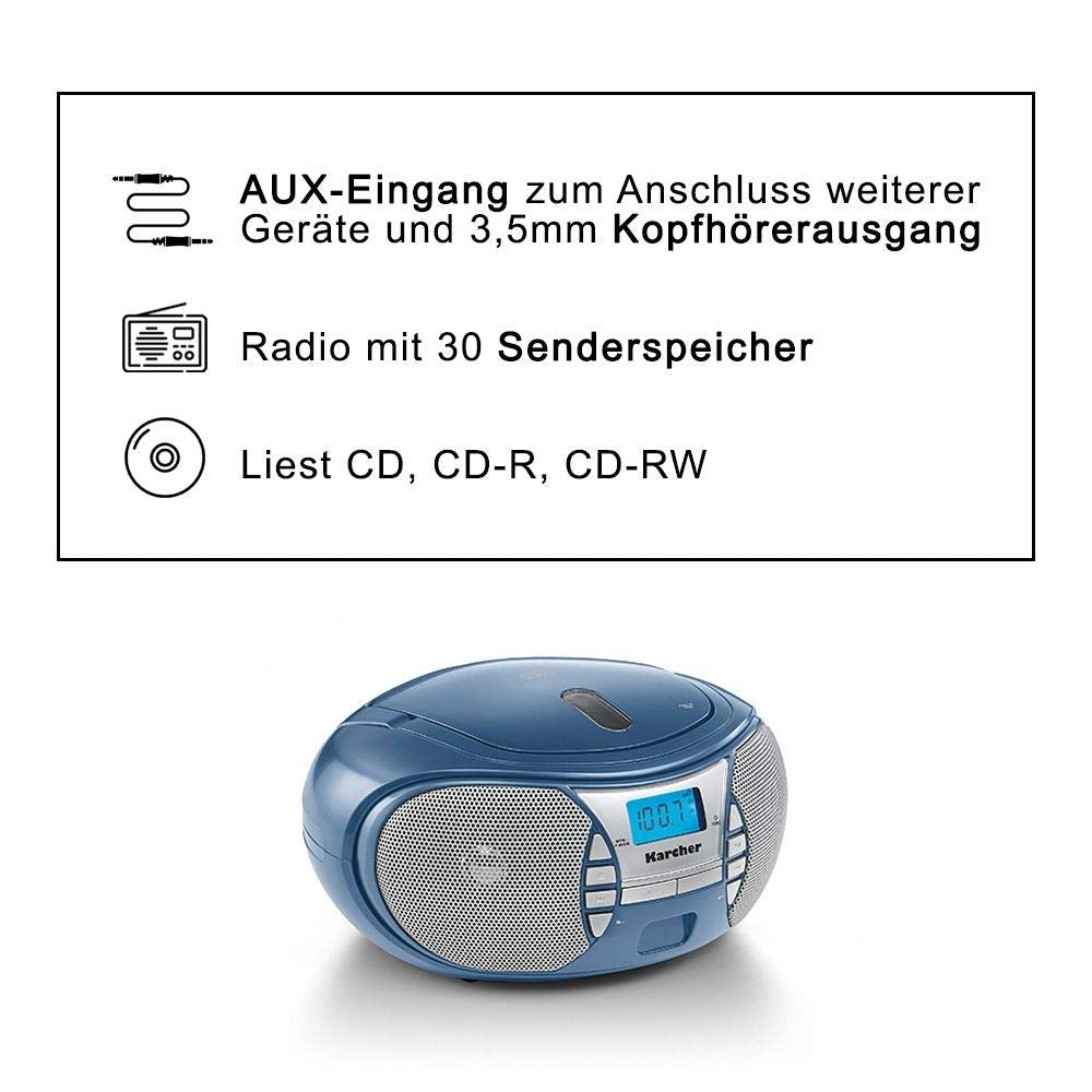 Karcher RR 5025-C radio CD portabil (CD-Player, Boomboxen, radio FM, funcționare cu baterii/rețea, AUX-In) albastru