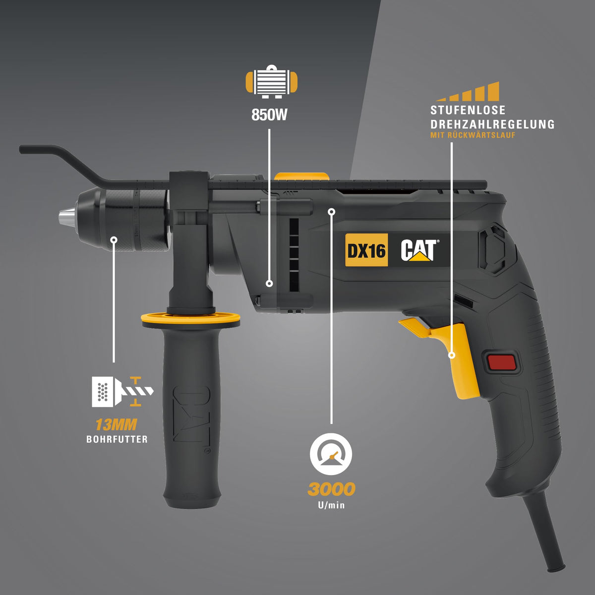 CAT DX16 Impact Drill, 13 mm, 850W, 3000 RPM speed, 48,000 BPM impact rate, variable speed control, (includes depth stop & additional handle)