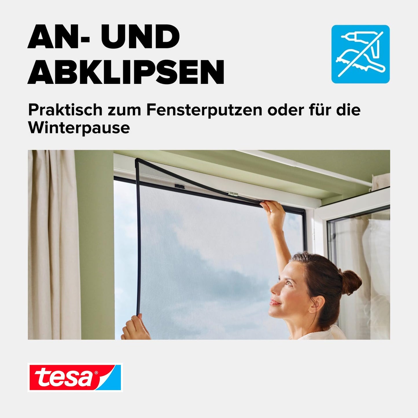 tesa Insect Stop clip-on frame fly screen for windows - for PVC windows - cuttable frame, fiberglass net, self-adhesive holding clips - 1.0 x 1.2 m - anthracite (clear) - 55360-00000-00