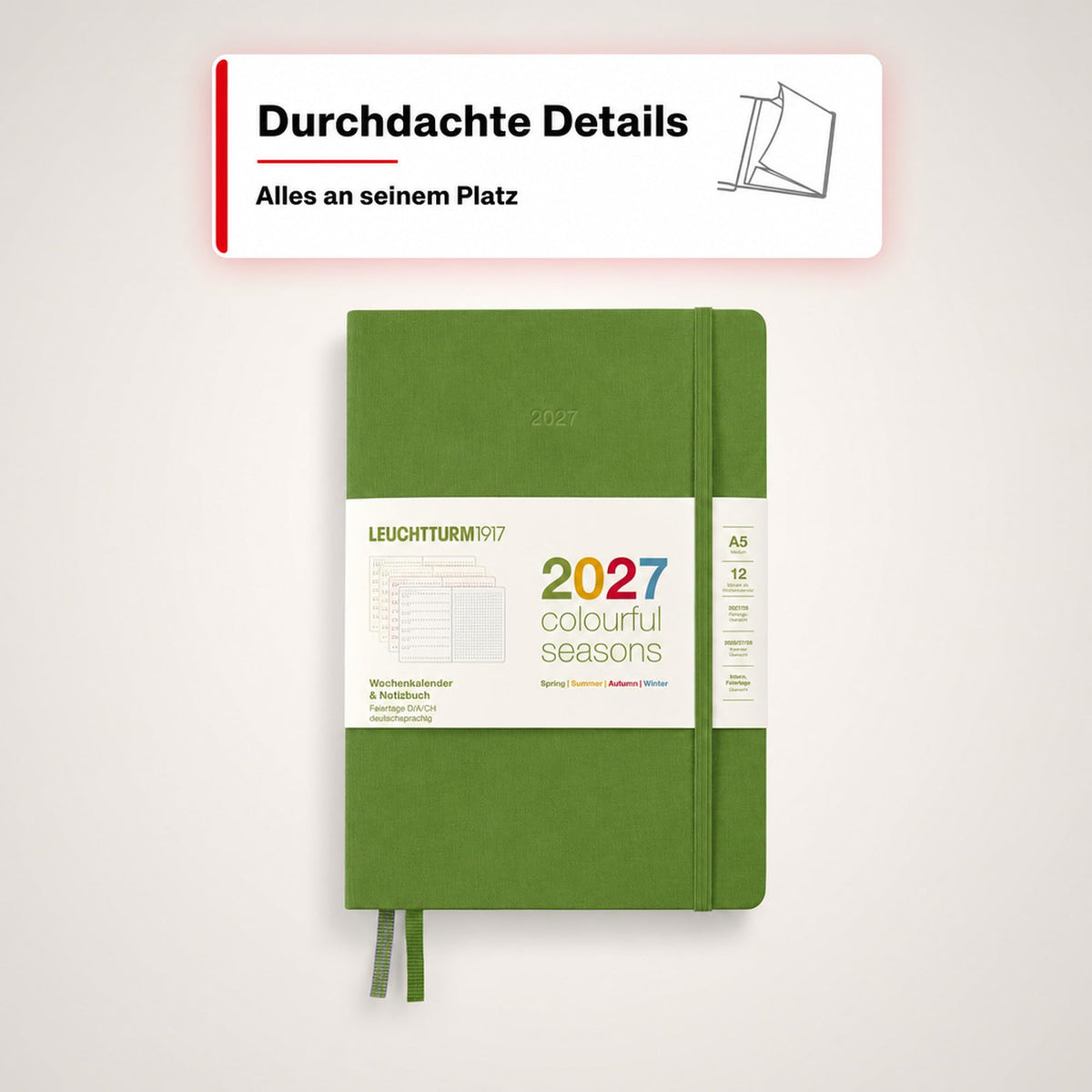 LEUCHTTURM1917 Calendar săptămânal și caiet cu punct mediu (A5) 2027, anotimpuri colorate, verde, engleză Prezentare generală a calendarului cu coperți cartonate 2026/2027/2028, prezentare generală a planificării 01.27-12.28, planificator de proiecte,